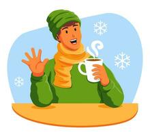 Happy man with a cup of hot drink in the winter vector