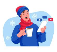 hombre en invierno ropa con un taza de café y un teléfono inteligente social medios de comunicación vector