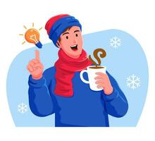 Man with a cup of hot coffee and a light bulb vector