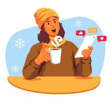 mujer en invierno ropa con un taza de café y un teléfono inteligente social medios de comunicación vector