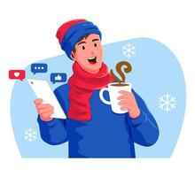 hombre en invierno ropa con un taza de café y un teléfono inteligente social medios de comunicación vector