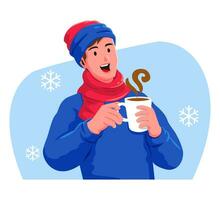 contento hombre con un taza de caliente bebida en el invierno vector