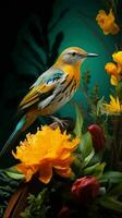 AI generated Beautiful Rare Bird and Spring Flowers photo