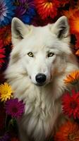 ai generado hermosa blanco lobo y vibrante primavera flores foto