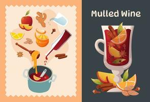 Recipe for Christmas mulled wine. Warming winter drink. Wine, spices, cinnamon, orange, apple. Hand drawn hot drink ingredients set. Print for design of menus and Cookbook. Cartoon vector illustration