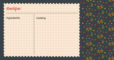 Recipe cards. Culinary book blank pages. Pattern with lingonberry, cranberries and greens. Cookbook stickers, cute home menu. Vector cartoon illustration.