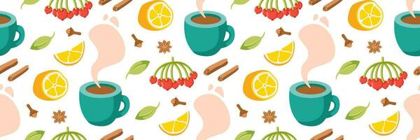 Pattern with hot drink lemons and spices. Cookbook stickers, cute home menu. Cozy Hand drawn tea background. Vector flat illustration.