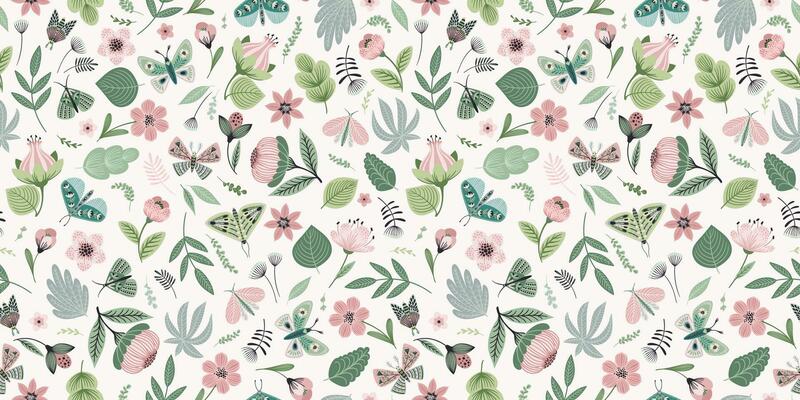 Abstract floral seamless pattern with butterflies and moths. Modern exotic design for paper, cover, fabric, interior decor and other use.