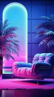 AI generated Beautiful Modern living room with sofa, indoor plants and neon lights photo