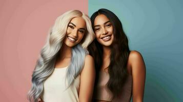 AI generated Beautiful confident and smiling women with different ethnicities and stylish hairs and minimal background photo