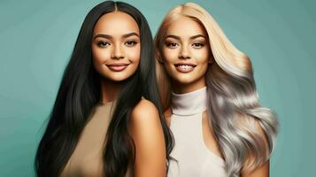 AI generated Beautiful confident and smiling women with different ethnicities and stylish hairs and minimal background photo