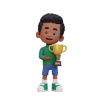 3D kid character celebrating win holding a trophy png