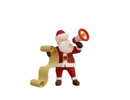 3d render christmas concept illustration santa character holding paper list and megaphone png