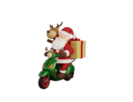 3d render christmas concept illustration santa riding scooter and delivering gift png