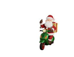 3d render christmas concept illustration santa riding scooter and delivering gift png