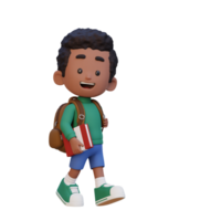 3D happy kid character walking go to school holding book png