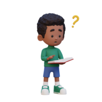 3D kid character get confused when reading a book png