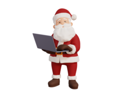 3d render christmas concept illustration santa working on a laptop png