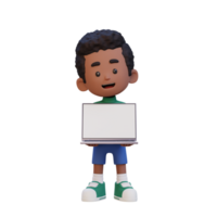 3d niño personaje participación y presentación a un ordenador portátil con vacío pantalla png