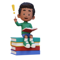 3D kid character get an idea when reading a book png