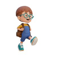 3D happy kid character walking go to school holding bag png
