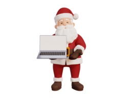 3d render christmas concept illustration santa holding a laptop with blank screen png