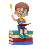 3D kid character get an idea when reading a book png