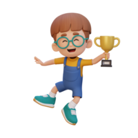3D kid character celebrating win holding a trophy png