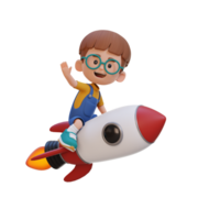 3d enfant personnage équitation une fusée et agitant main png