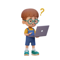 3D cute kid character confused on a laptop png