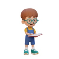 3D happy kid character reading book png