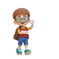 3D happy kid character walking go to school holding book and waving hand png