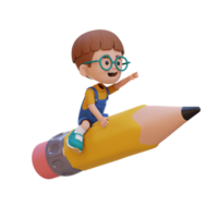 3D kid character riding a pencil and pointing hand png