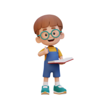 3D happy kid character reading book png