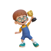 3D kid character celebrating win holding a trophy png