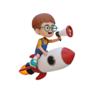 3D kid character riding a rocket and holding megaphone png