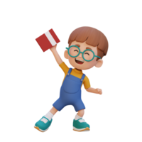 3D happy kid character holding book png