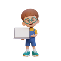 3D kid Character Holding and Presenting to a Laptop with Empty Screen png