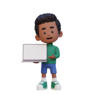 3D kid Character Holding and Presenting to a Laptop with Empty Screen png