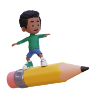 3D kid character standing riding a pencil png