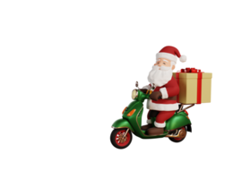 3d render christmas concept illustration santa riding scooter and delivering gift png