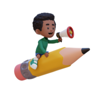 3D kid character riding a pencil and holding megaphone png