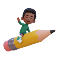 3D kid character riding a pencil and waving hand png
