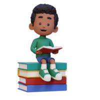 3D happy kid character reading book png