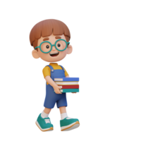 3D happy kid character holding book png