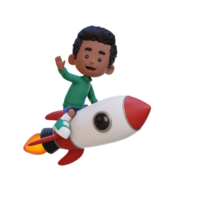 3D kid character riding a rocket and waving hand png