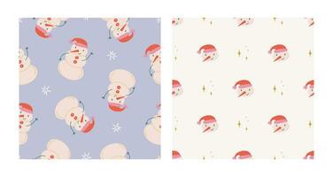 Cute snowman and sparkles seamless pattern set. Christmas and New Year concept. Hand drawn retro vintage vector texture for wallpaper, prints, wrapping, textile