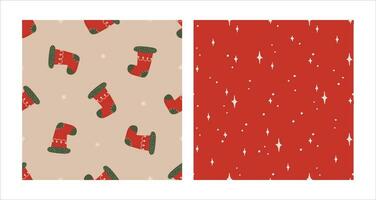 Seamless pattern set with Christmas red sock and sparkles. Christmas and New Year concept. Hand drawn retro vintage vector texture for wallpaper, prints, wrapping, textile