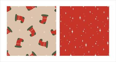 Seamless pattern set with Christmas red sock and sparkles. Christmas and New Year concept. Hand drawn retro vintage vector texture for wallpaper, prints, wrapping, textile