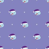 Cute snowman and snowflakes seamless pattern. Christmas and New Year concept. Hand drawn lilac vector texture for wallpaper, prints, wrapping, textile